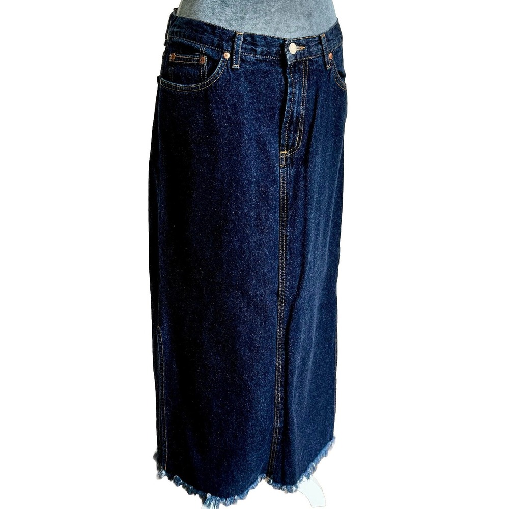 Vtg Y2K Denim Jean Fringe Skirt 11 Dark Wash Cowgirl Western Country Boho USA - Picture 2 of 16